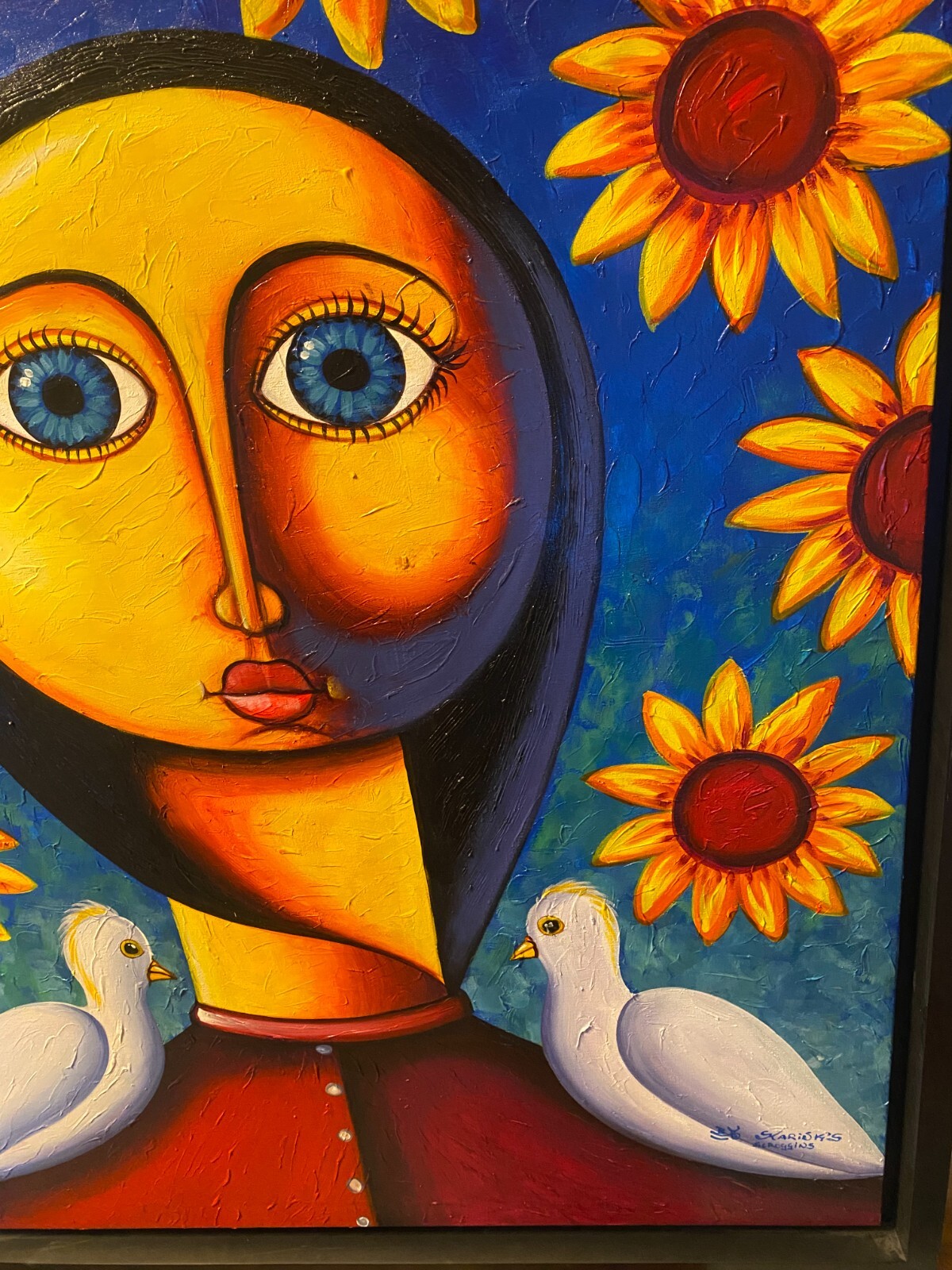 Monumental «Two Doves, Figure And Sunflowers Scene» Oil Painting – Signed/Framed