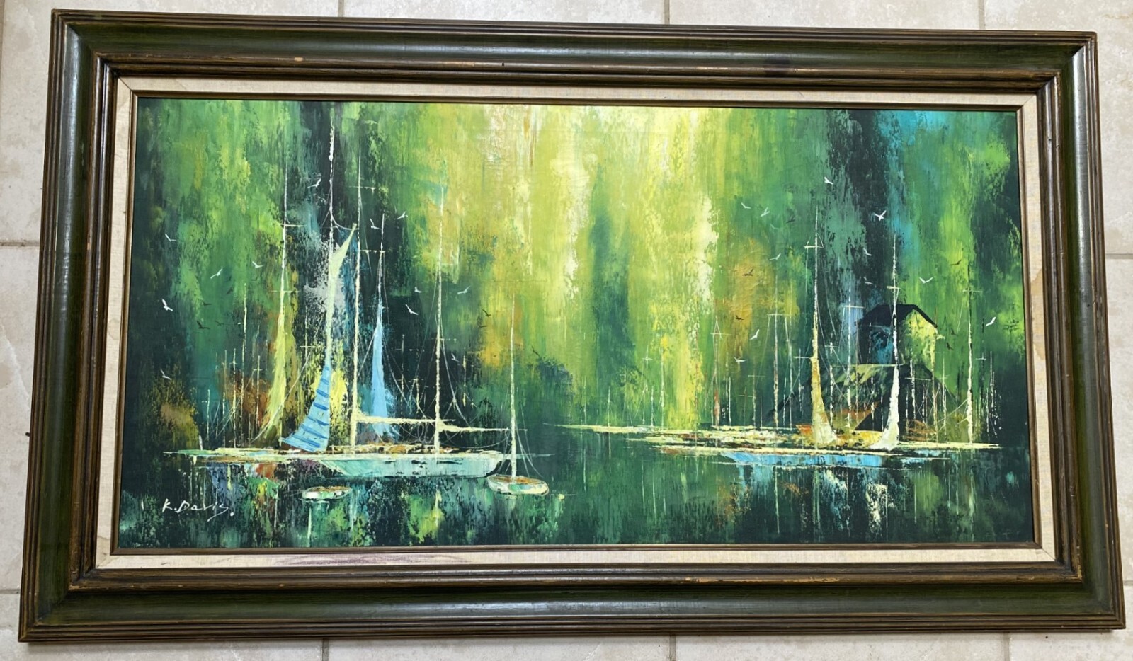 NORTHERN LIGHTS, BOATS IN PORT by K. DAVIS, ORIGINAL ON CANVAS, FRAMED
