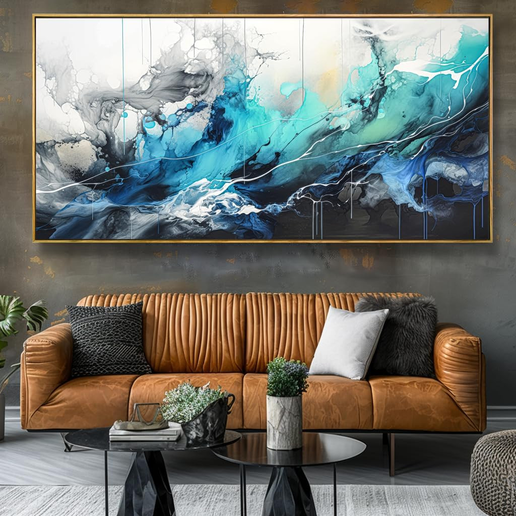 Teal Blue Abstract Canvas Wall Art Framed 30″x60″ for Home Decor