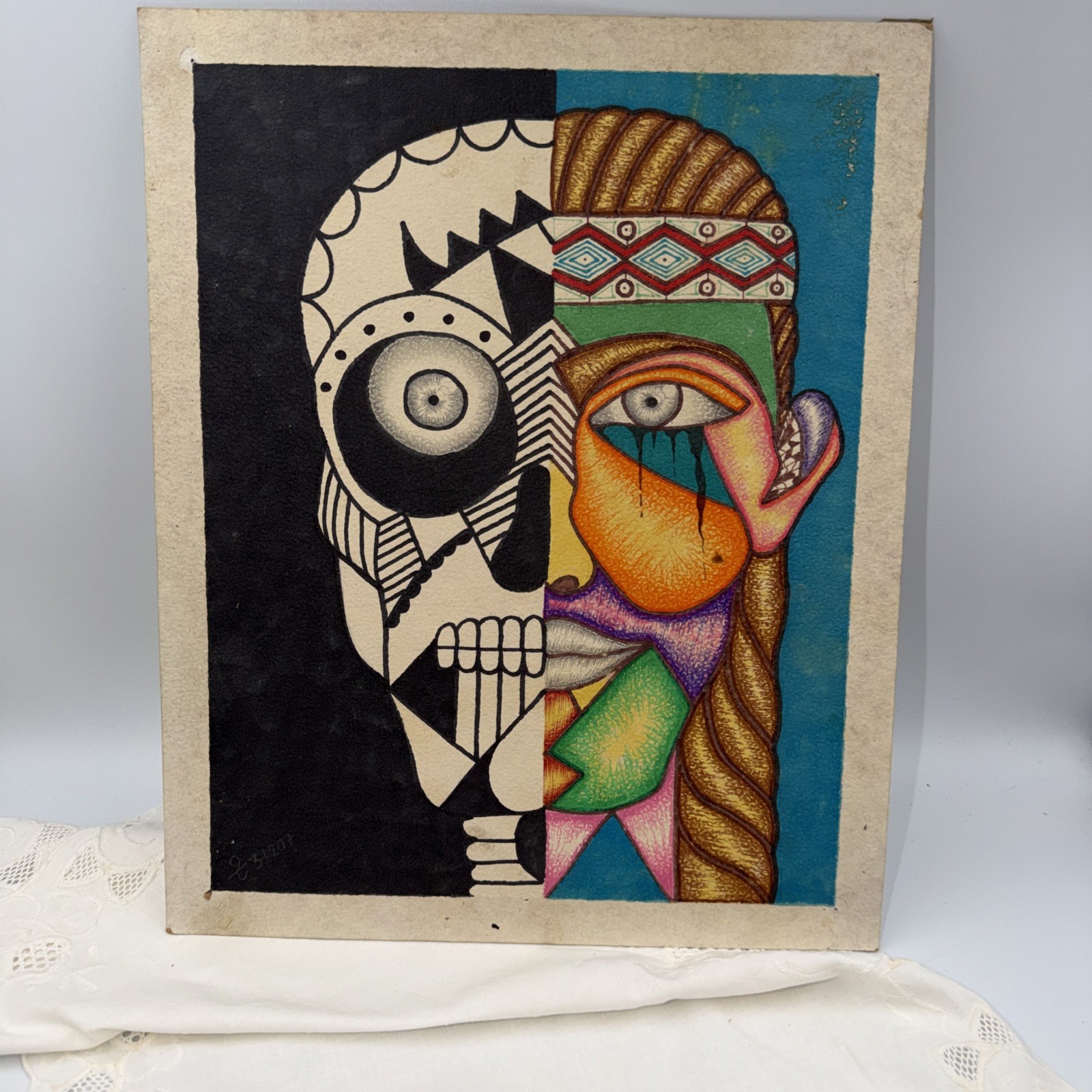 Abstract Art Painting Skull Of The Native American Two Faces Black & White 2007