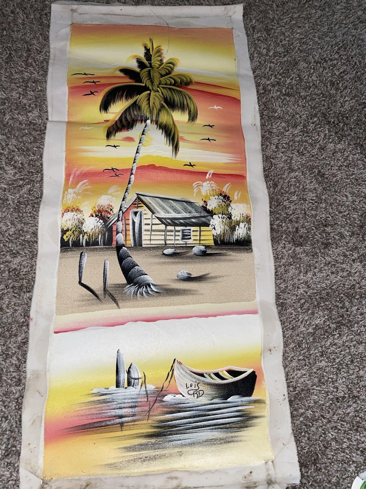 Folk Art Palm Tree Beach Hut & Boats Seascape Painting, Unframed