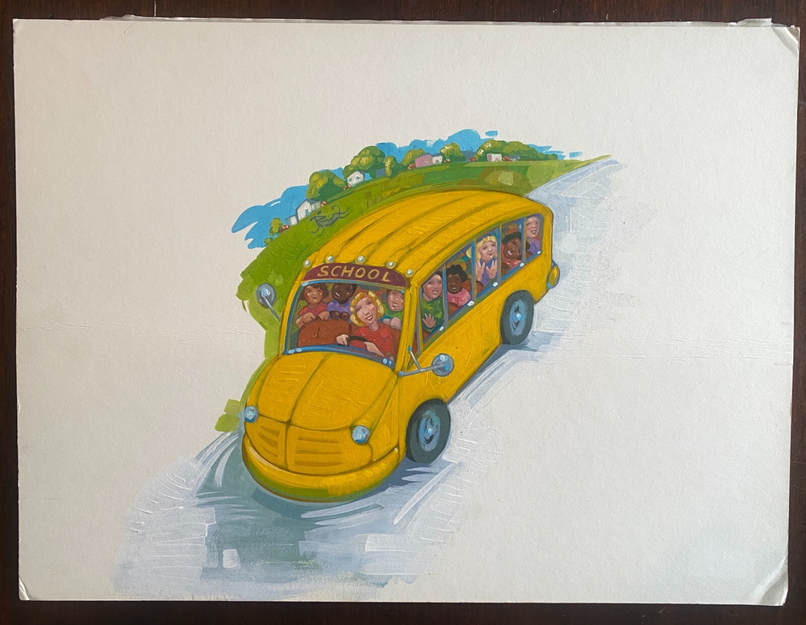 Original Painting of Whimsical School Bus with Driver and Children