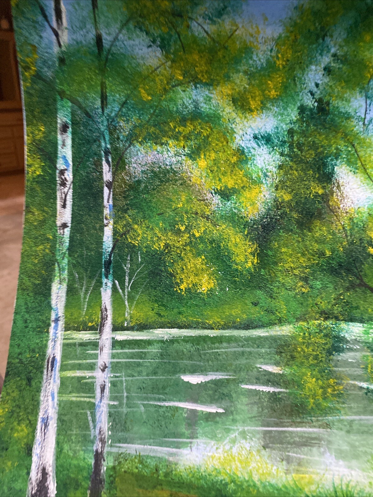 Birch Forest And River,landscape Abstract Acrylic Painting On Paper 10,5/13,5