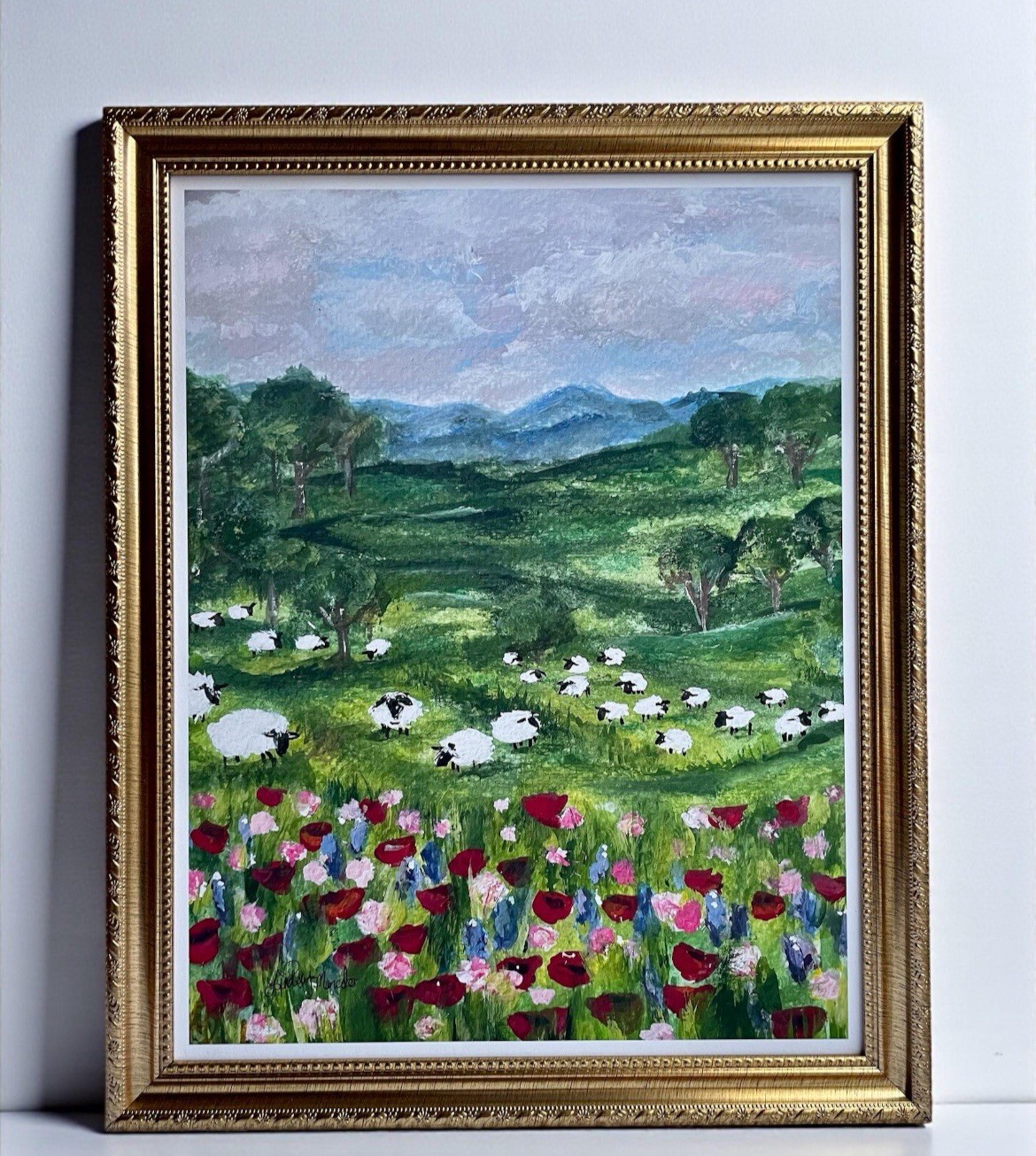 Sheep floral meadow landscape Giclee fine art 11”x 14” framed print