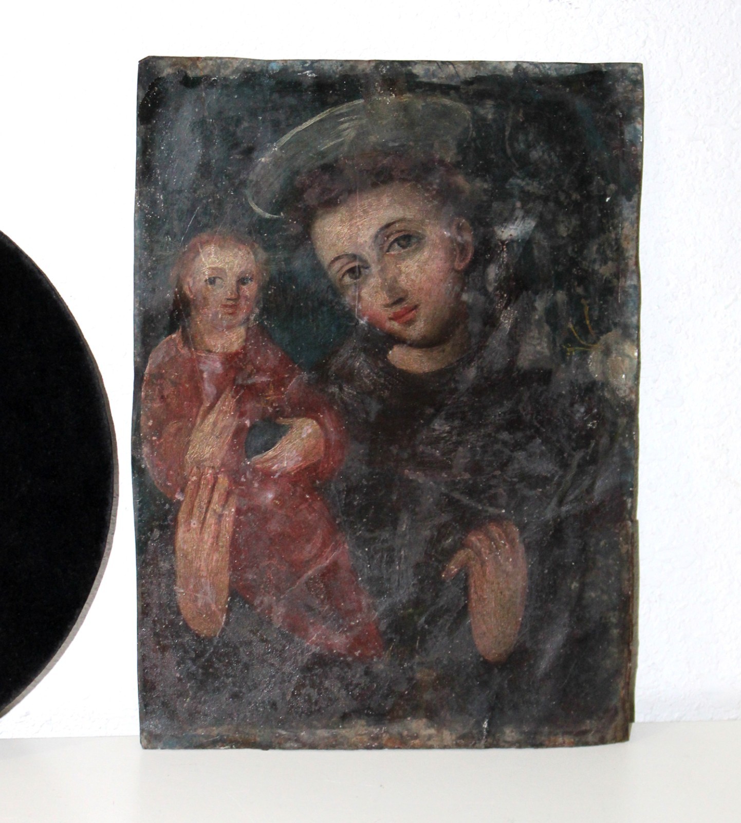 Antique Religious Painting Metal Saint with Child Unsigned 19th century