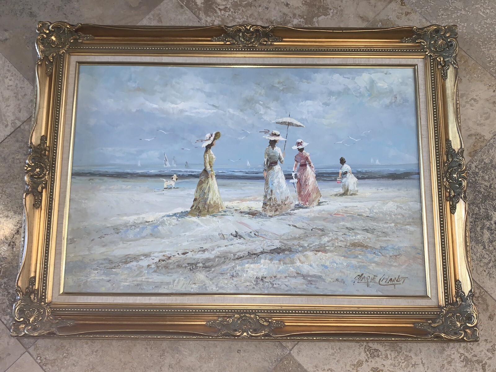 Marie Charlot Original Art Oil On Canvas Signed 24”x 36” Fashion Women On Beach
