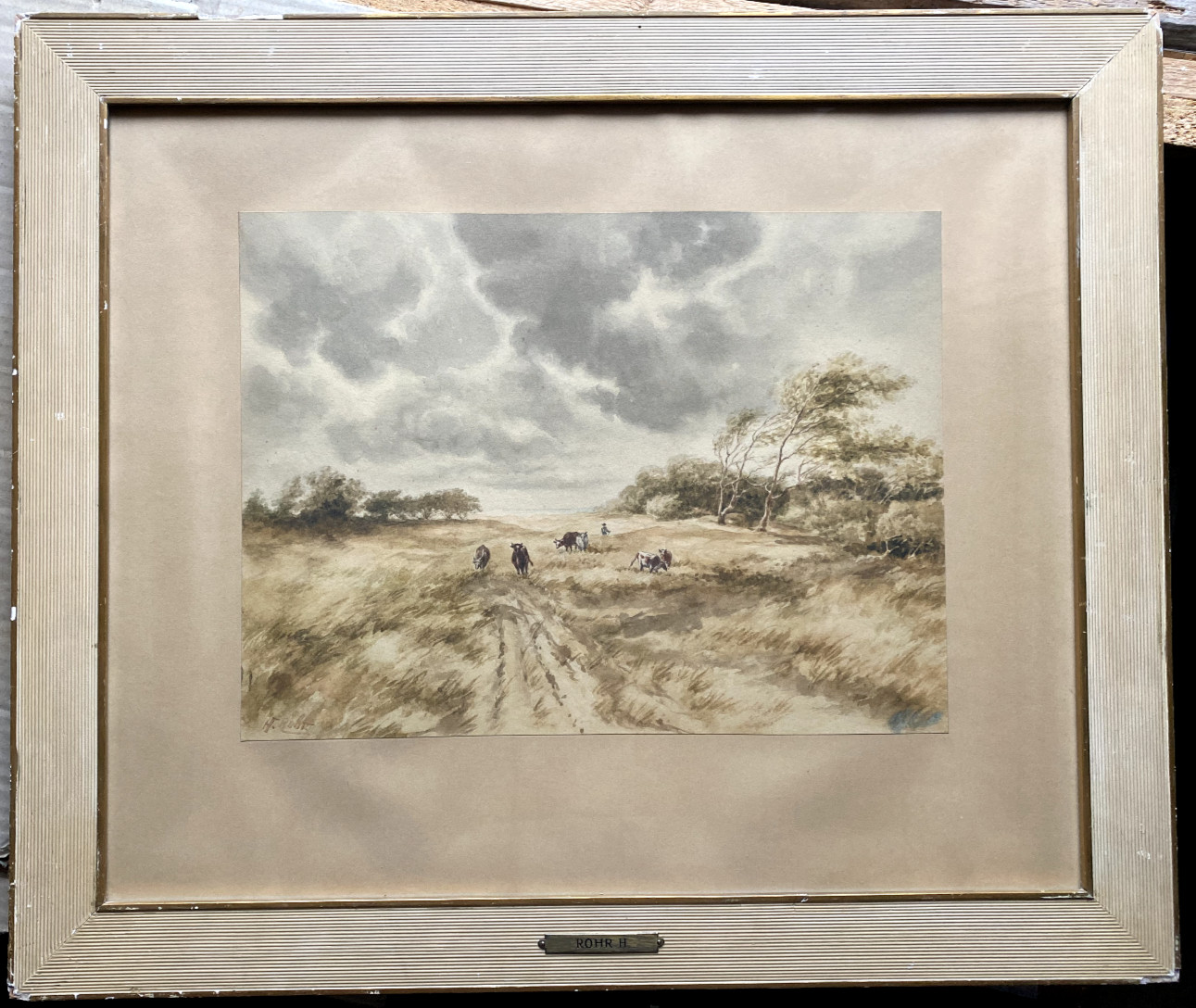 ::WATERCOLOUR °H. PIPE COWS ON PASTURE SEA ° BÜRGENSTOCK HOTEL STICKER VERSO ANTIQUE