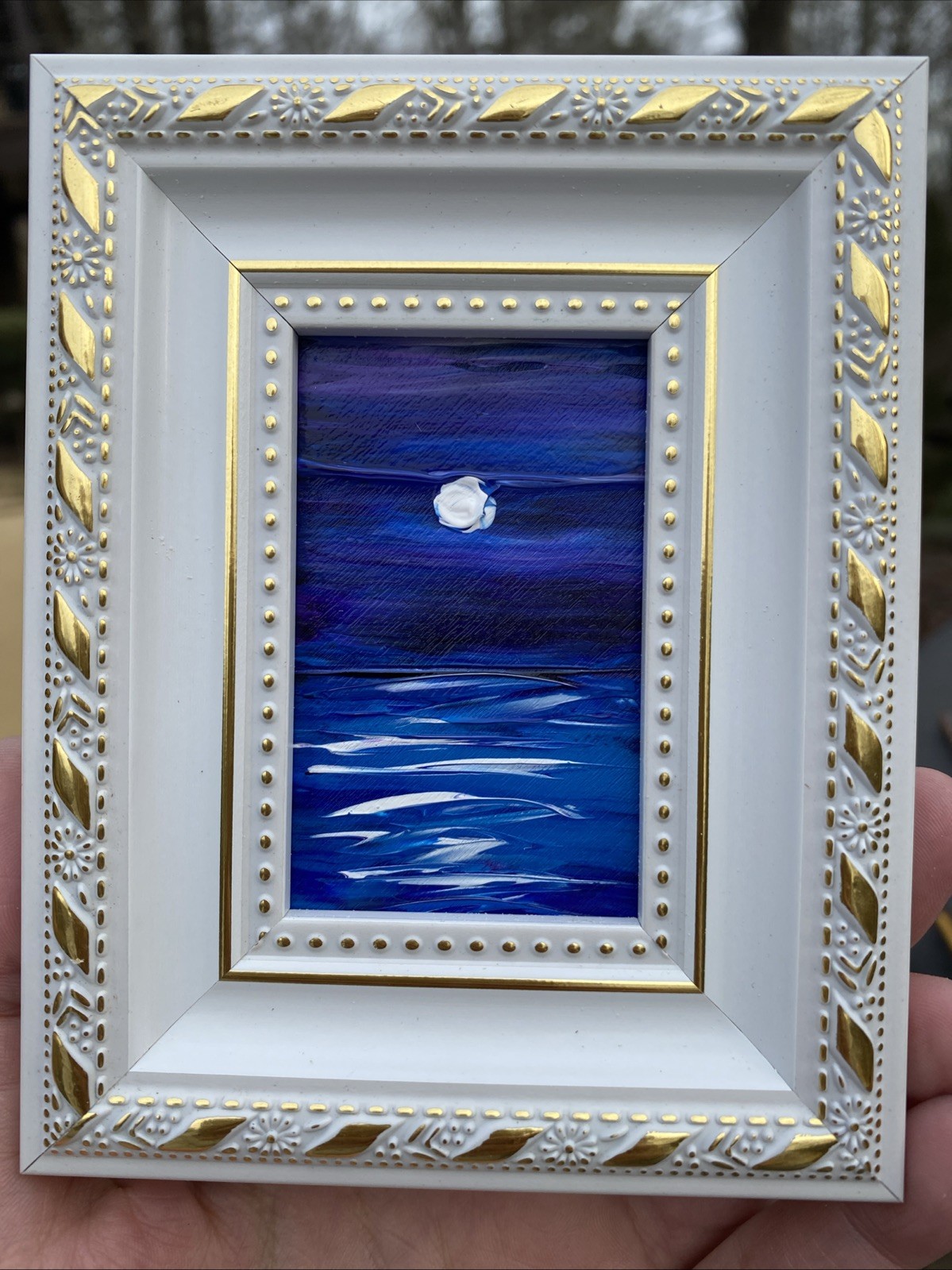 Seascape Moon Original Painting framed,gold,miniature,small,mini Wall Art