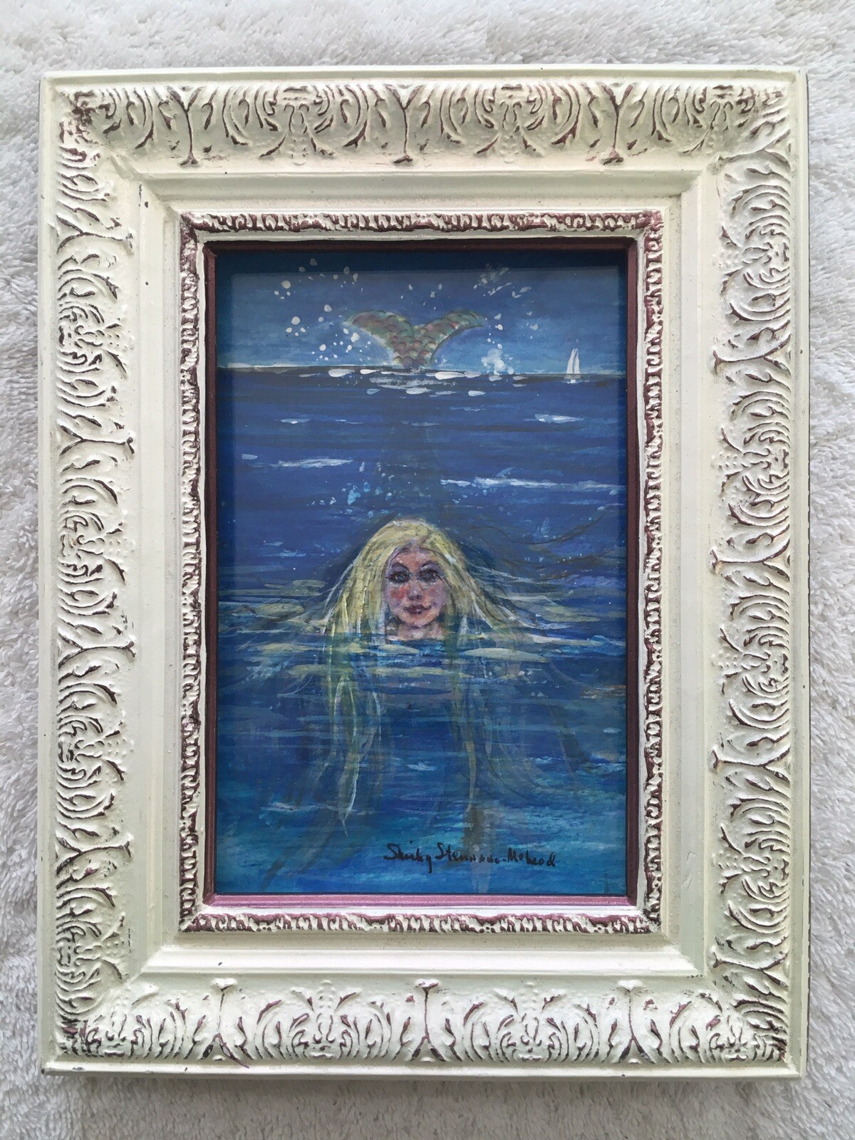 Original Watercolor of Caribbean Mermaid, Signed, Framed 6.5”x 8.5”