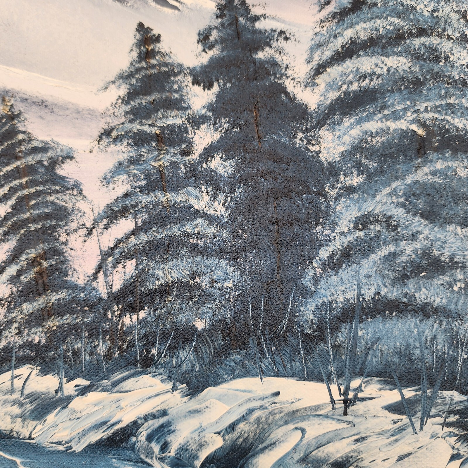 Original Bob Ross Style Winter Landscape Oil Painting Mountain Scene 16×20 Frame