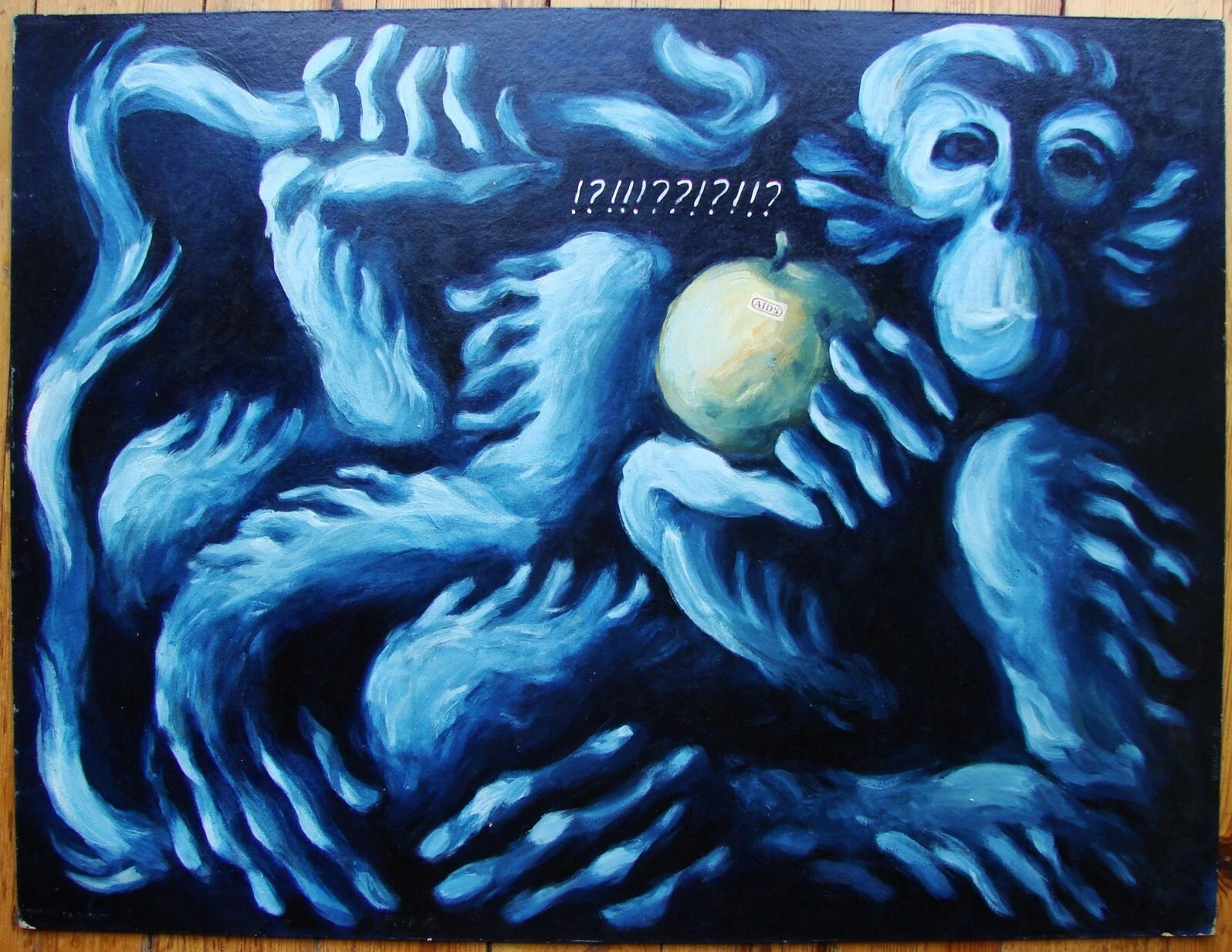 Ukrainian Soviet USSR Painting Poster anti-AIDS propaganda monkey bible apple