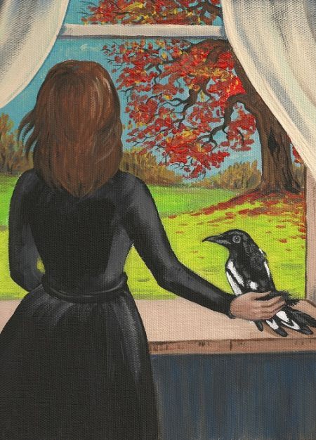 5×7 PRINT OF PAINTING RYTA HALLOWEEN FOLK ART RAVEN CROW JACKDAW AUTUMN WITCH