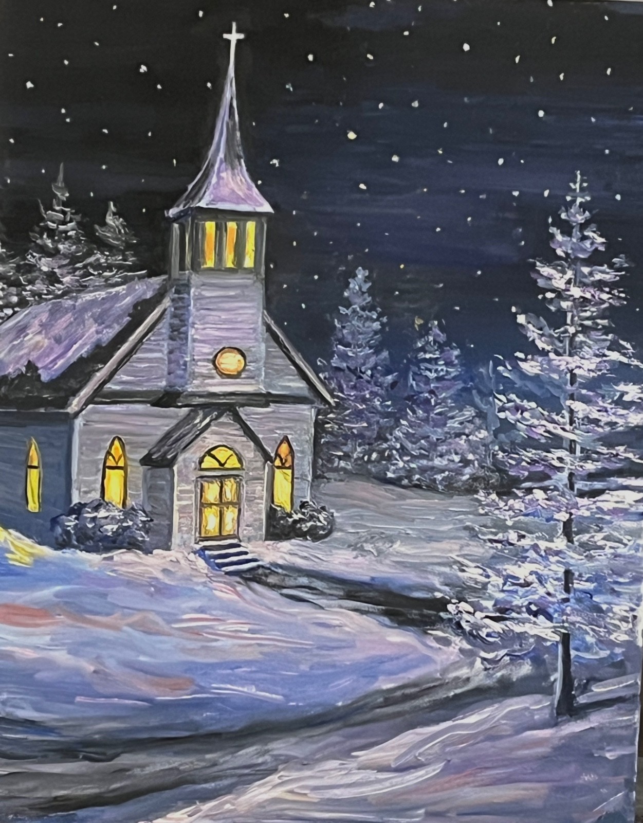 SILENT NIGHT Original Oil Landscape Painting WINTER CHURCH NIGHT Wall Art