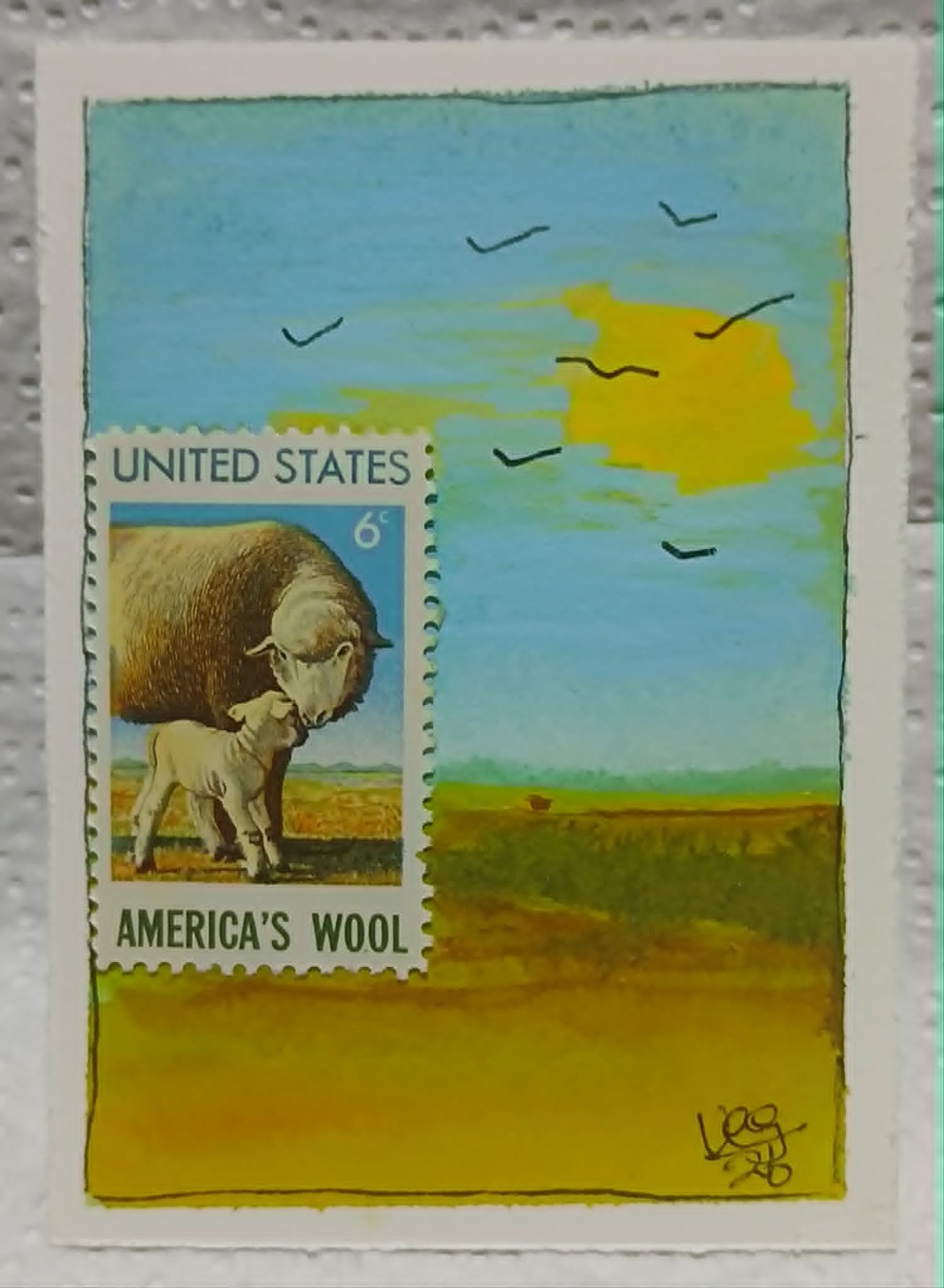 ACEO OOAK Sheep Landscape – 6¢ Wool Stamp Collage – Postal Whimsy Minis