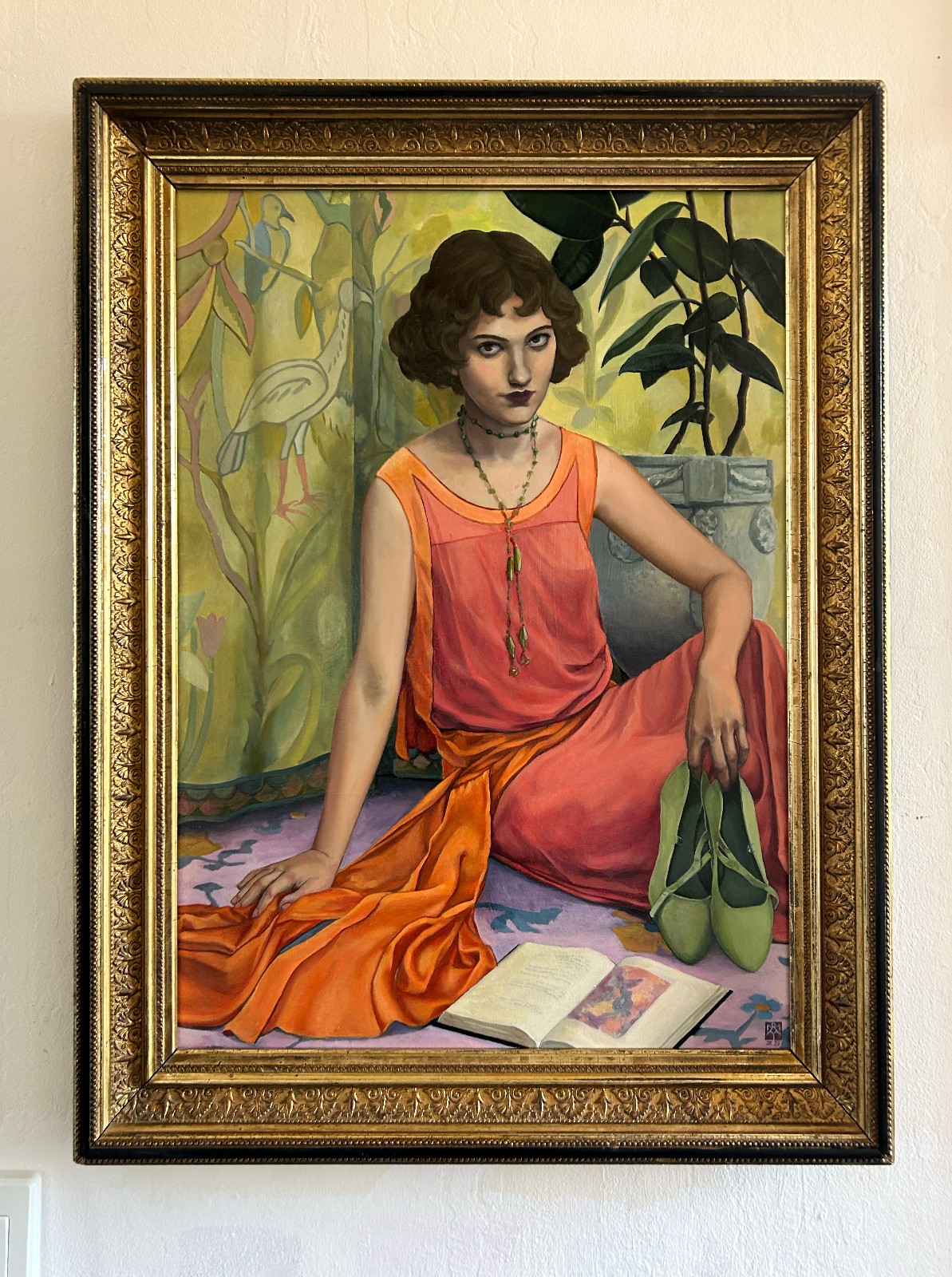 1920’s Style Oil Painting – Vibrant Woman’s Portrait w/ Antique Frame, Signed