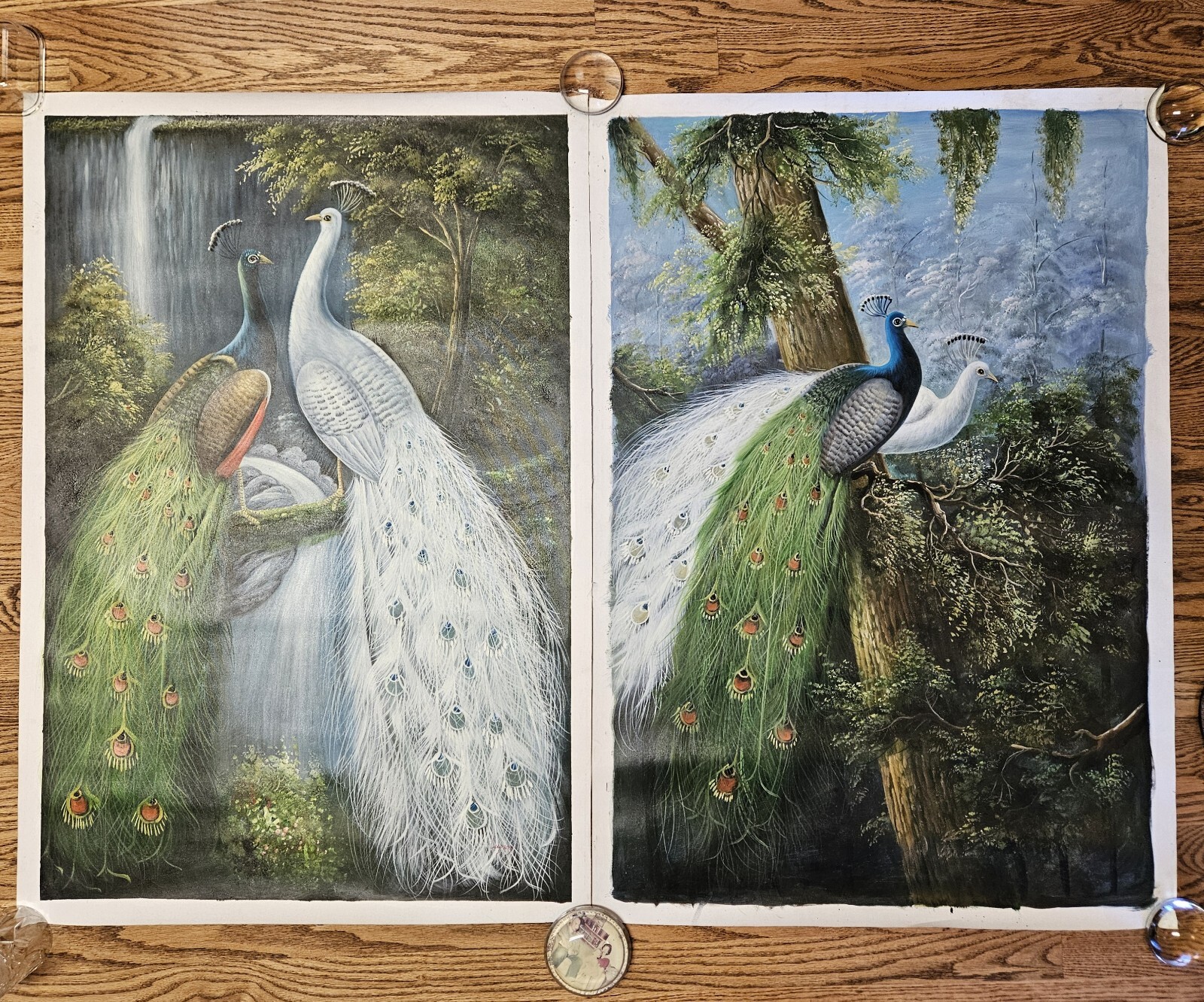 2 Vintage PEACOCKS OIL ON CANVAS Paintings By LUPENG 27″x39″ ea Waterfall Woods