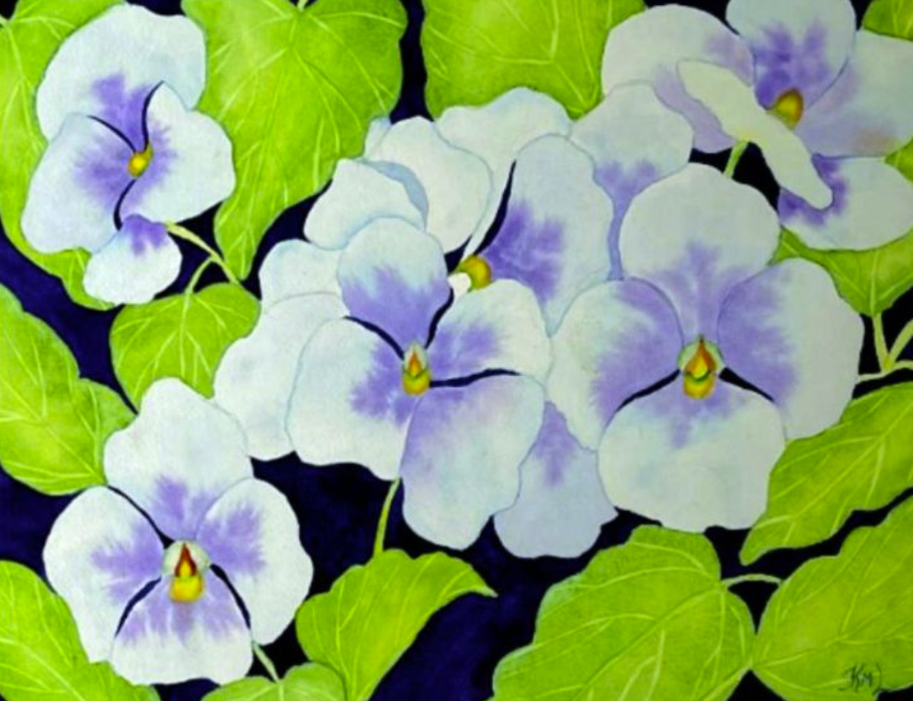 PAINTING WATERCOLOR 11X14 AND WHITE MAT 16X20 FLOWERS PANSY PURPLE BLUE LAVENDER