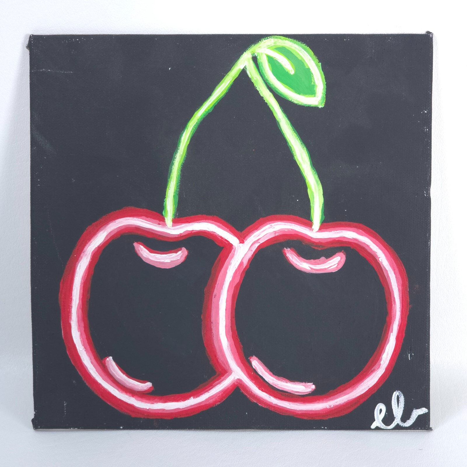 Oil on Canvas Hand Painted Neon Cherries 8″ x 8″ Abstract Simplicity 1st Release