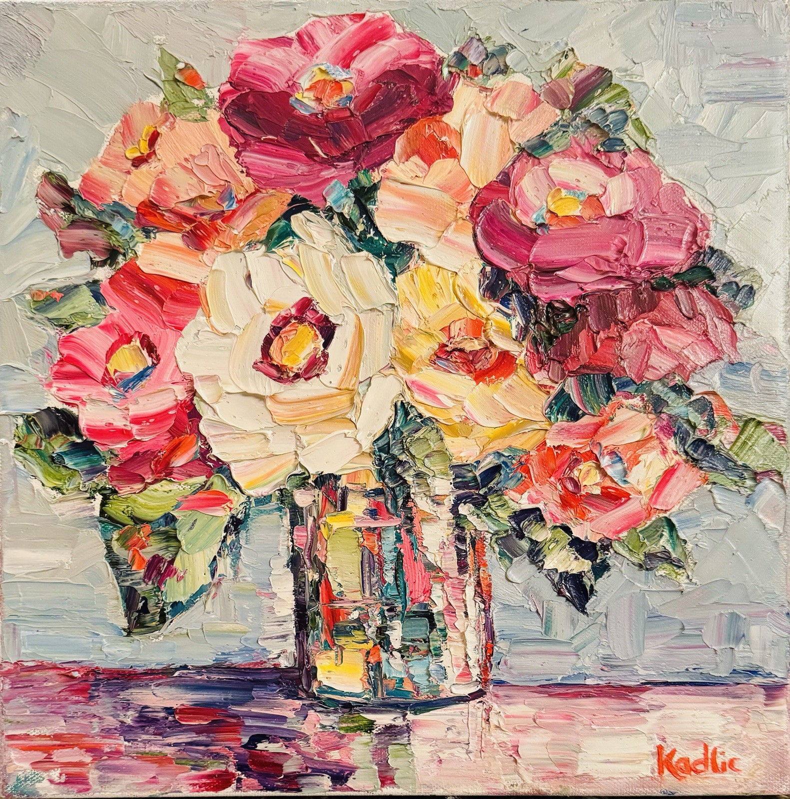 KADLIC Rich Oil Textured Impasto Still Life Flowers Art Original Painting 12×12