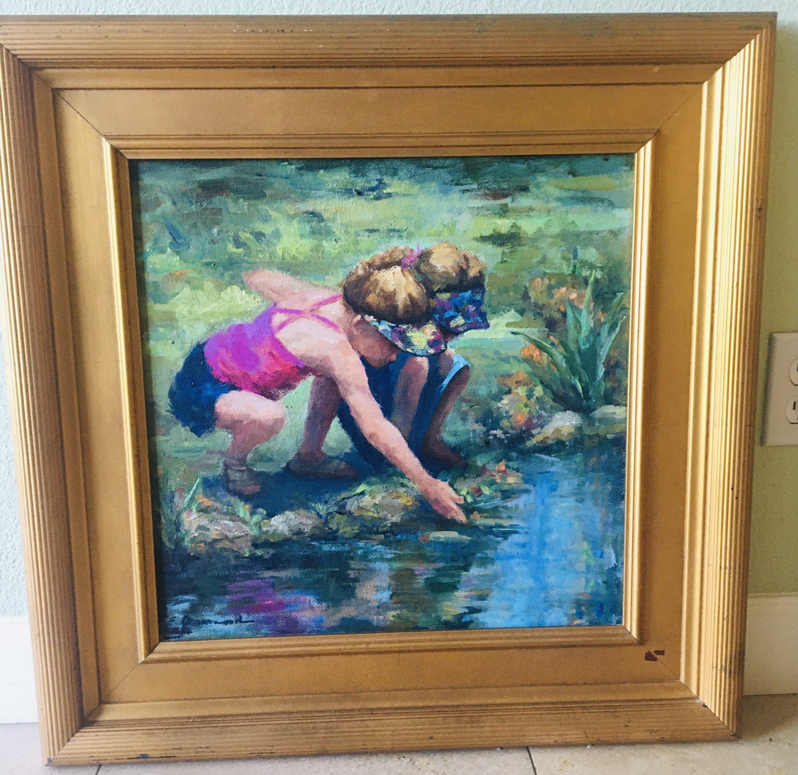 Vintage Original Painting Children Playing in Stream Signed Framed 26.5″ x 26.5″