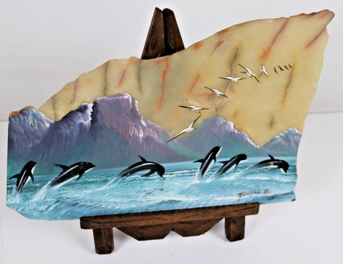 Stone painting 1988 signed Orca / dolphins leaping landscape