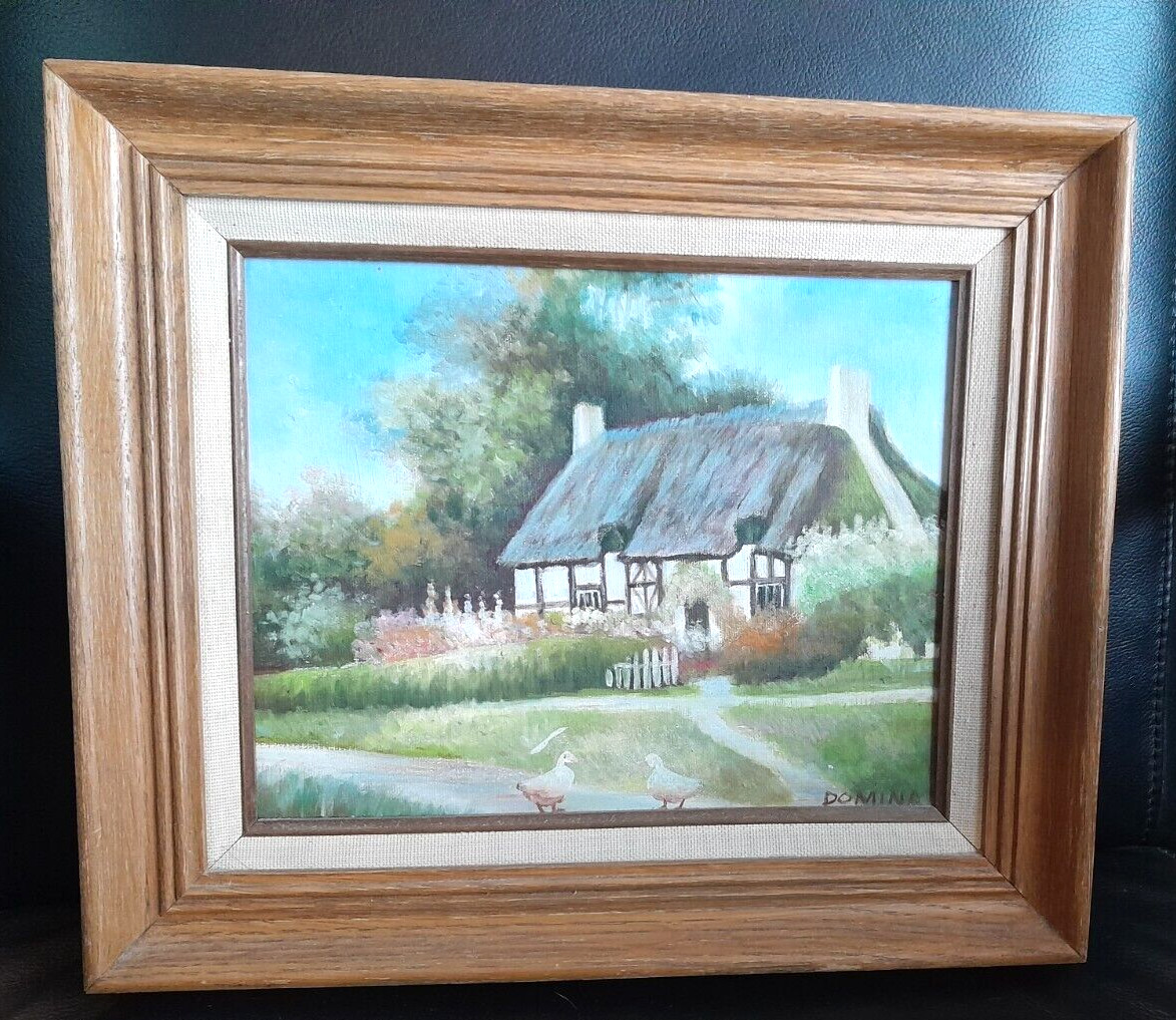 Vintage Signed Domina Original Oil Painting Thatched Cottage English 12 x 14