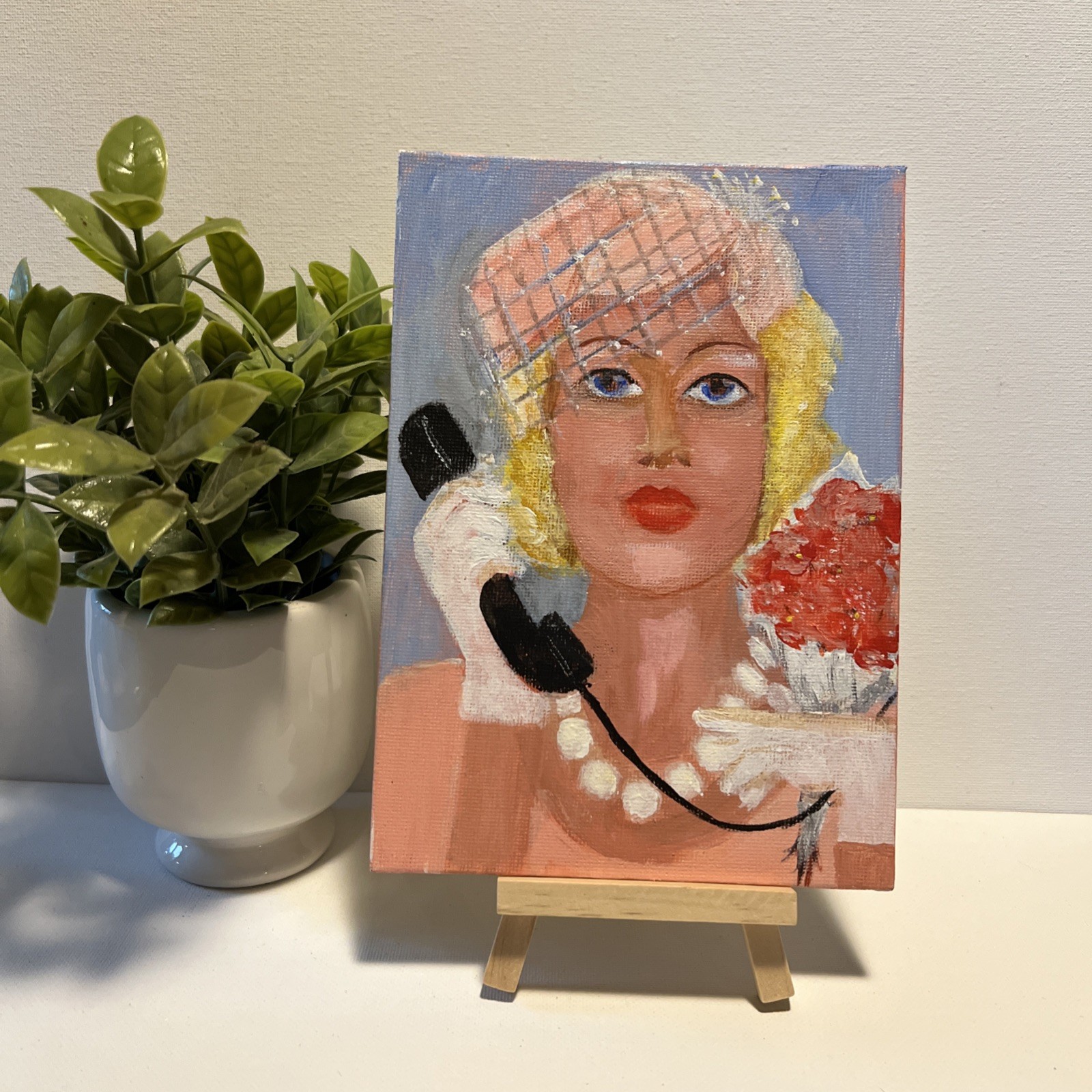 Abstract Girl on Phone Original Acrylic Painting on 5″ x 7″ Canvas Panel OOAK