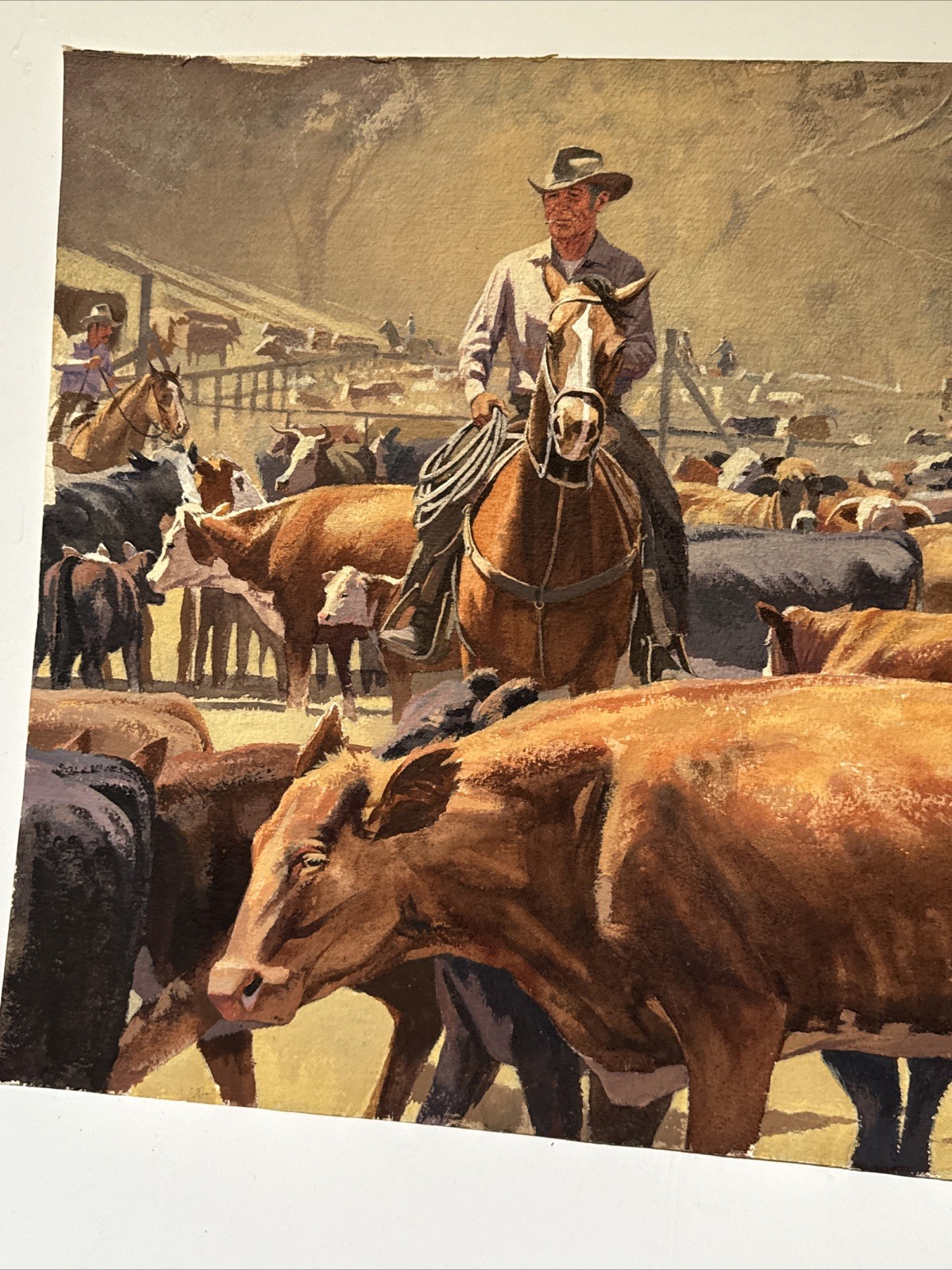 VINTAGE COWBOY PAINTING WESTERN RANCH COWBOYS FARM FARMING AMERICAN COWS