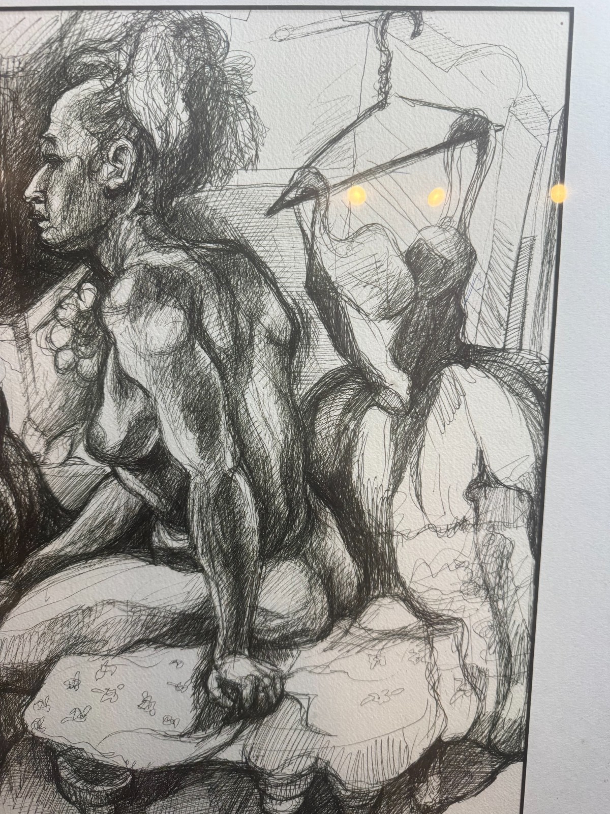 Tamara Signed Modernist Female Nude Bedroom Pen Ink Drawing Framed VG Cond 24×18