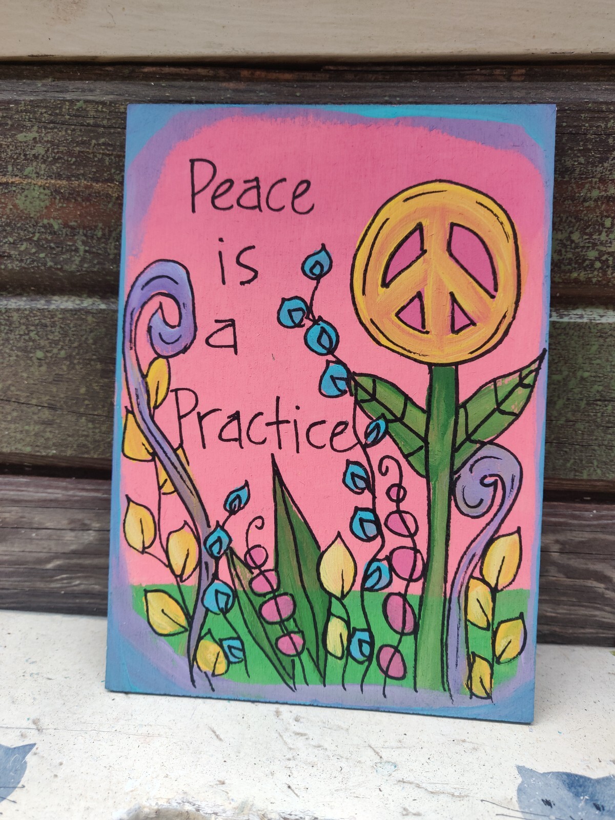 Inspiring Quote painting on 7 x 5″ panel, Peace is a practice, Peace Sign Flower