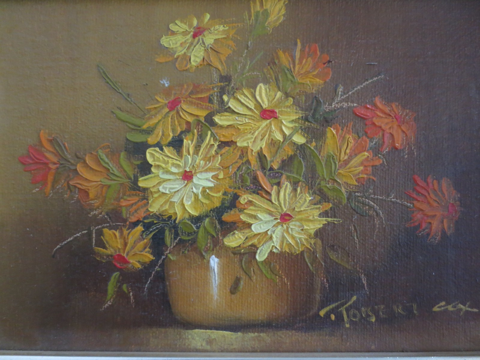 Framed SIGNED Robert Cox DAISY FLORAL BOUQUET Oil PAINTING – 10-1/2″ x 8-1/2″