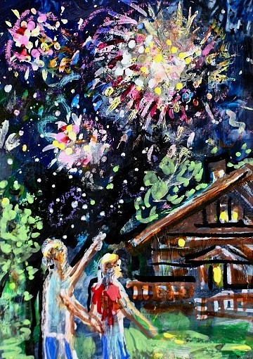 ACEO Original PAINTING Night Sky CABIN Fireworks Stars People Landscape ATC ART