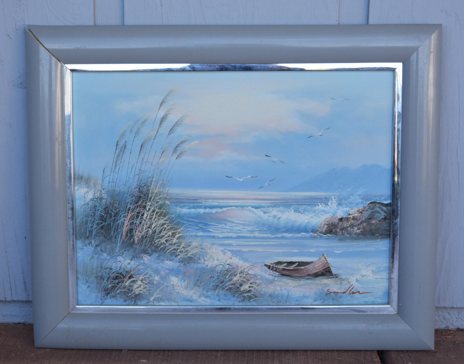 Sandler – Vintage Oil Painting Seascape Ocean Waves Boat on Shore – Framed