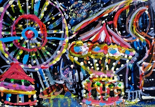ORIGINAL ACEO Painting CARNIVAL Fair Amusement Park Ocean City Rides Fun ATC ART