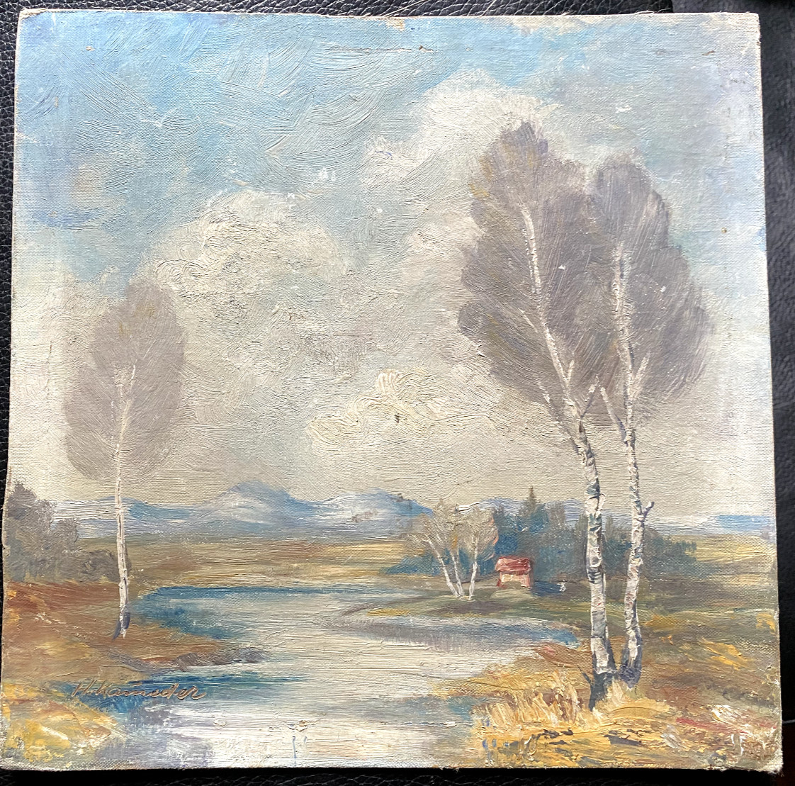 OIL PAINTING BIRCHES ON SHORE WITH HOUSE EXPRESSIONIST ILLEGIBLY SIGNED ANTIQUE