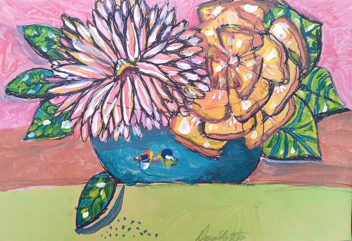 Original Art Acrylic On Paper Flowers In A Blue Pot 6.5″ X 4.5″ OOAK Wall Art