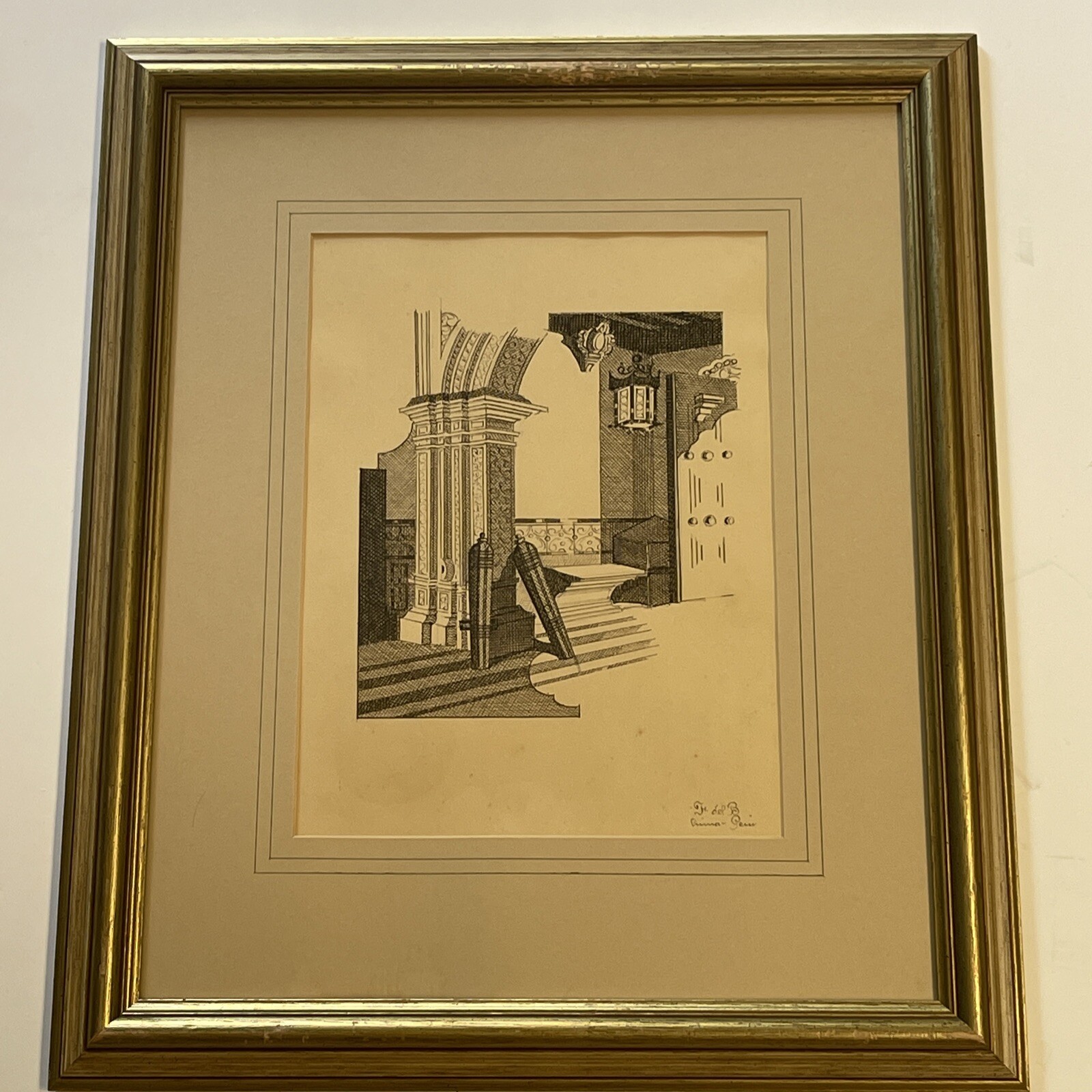 Architectural Drawing Antique Signed Mystery Artist Design Original Pen And Ink