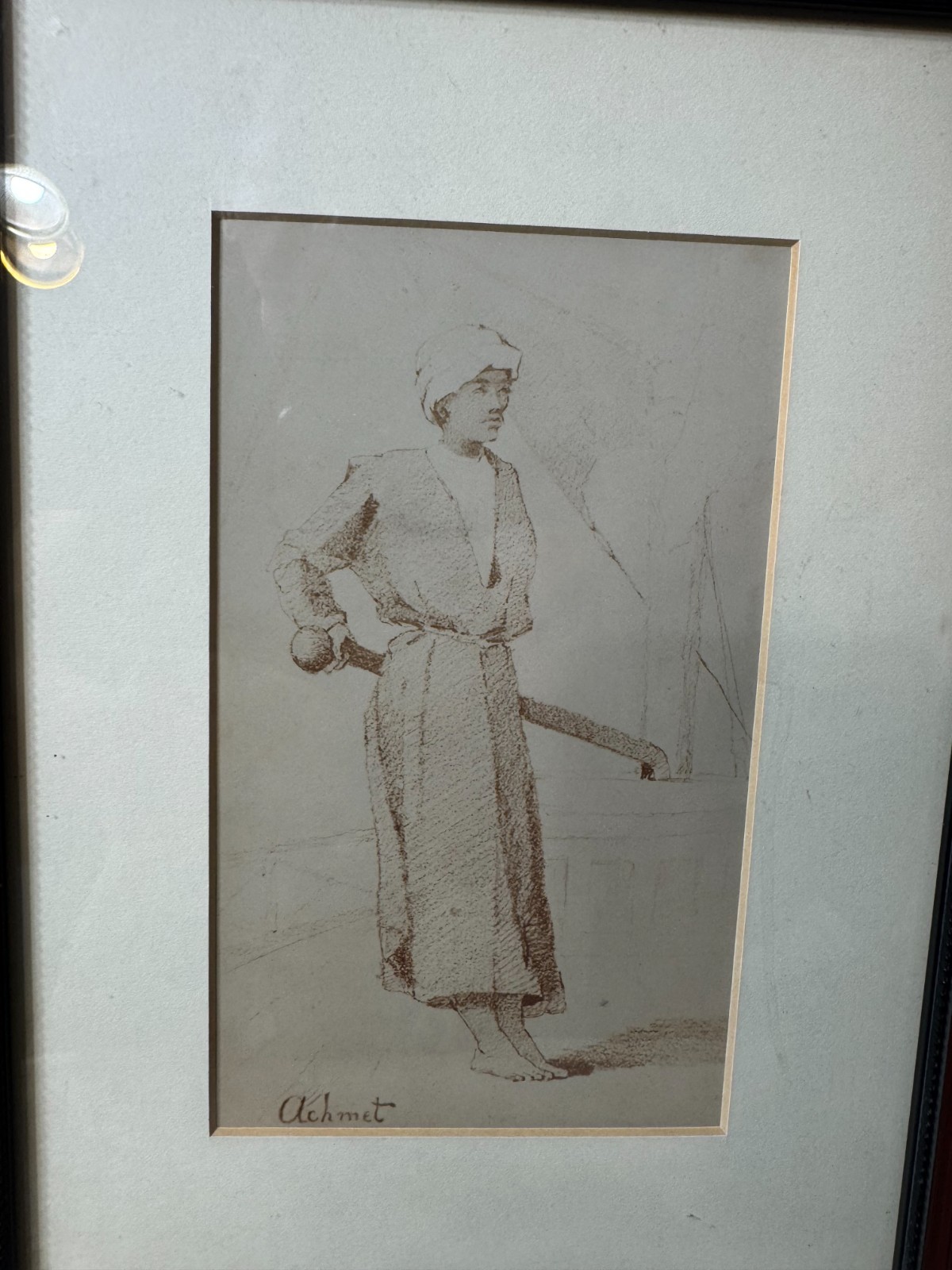 Vintage Figure Study Drawing Signed Achmet Framed Behind Glass Sepia Sketch