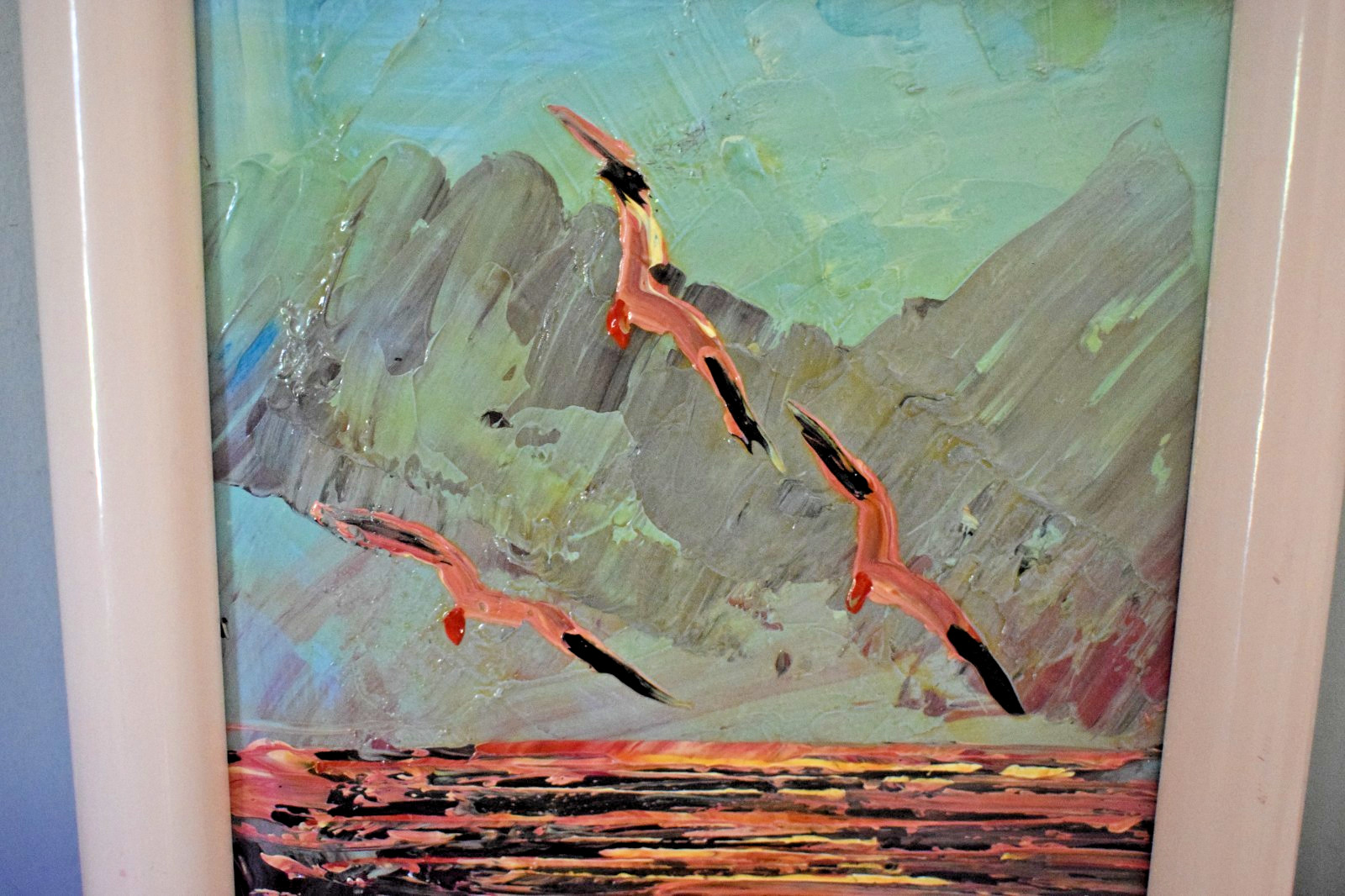 Morris Katz Oil Painting Seascape Birds Sunset Impasto Signed Framed 12″x10″