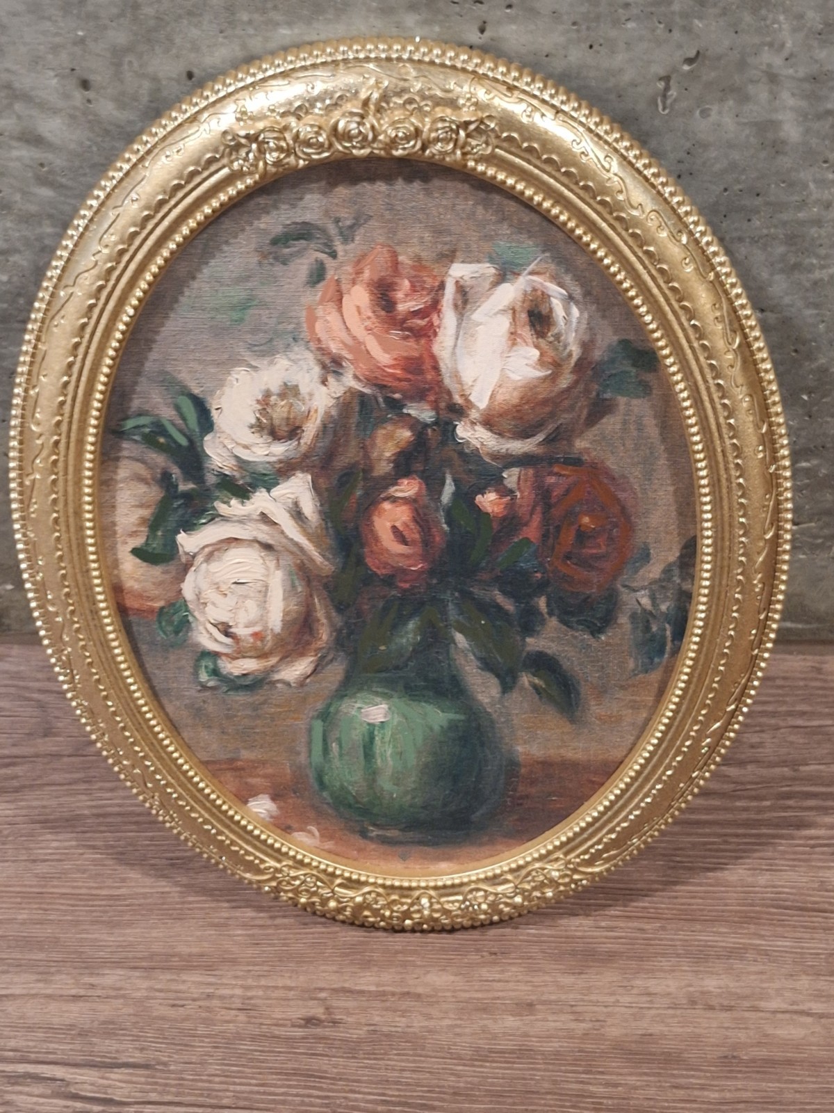 Vtg Roses Still Life Painting, Pink White Red Rose Vase Wall Art Framed Gold