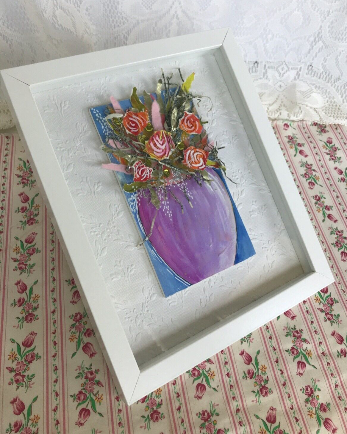 Original Mixed Media Collage Art Floral Flower Bouquet Framed Ready to Enjoy