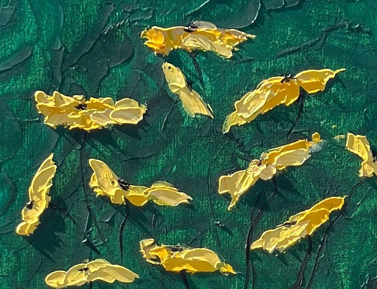 Yellow Poppies on green painting on canvas original by artist 20in x 20in