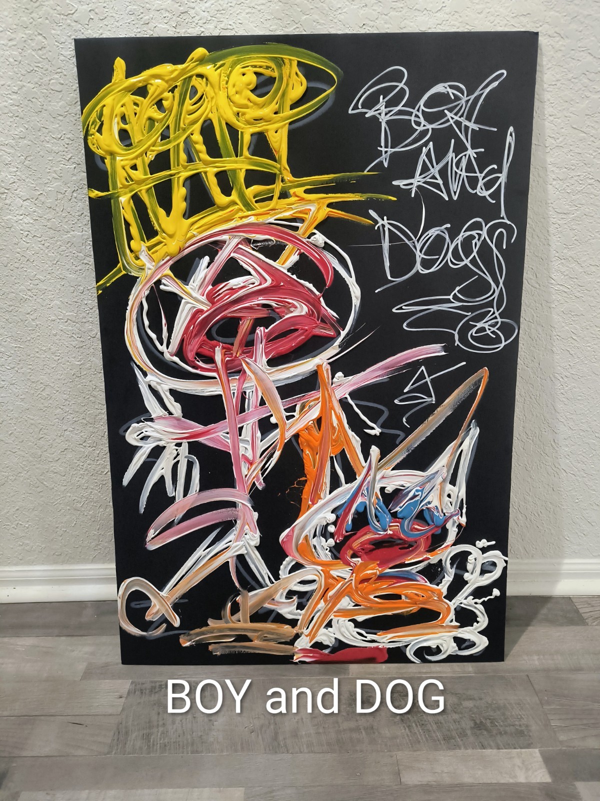 Trey Coppland, BOY And DOG Abstract Graffiti Acrylic, 24+36 in 2026, Signed