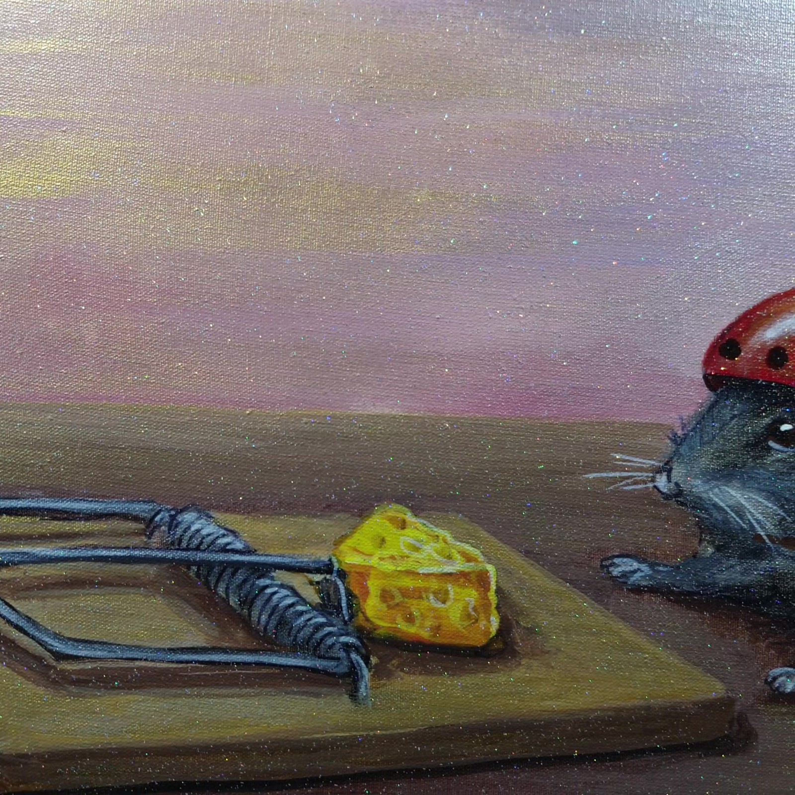 Original Acrylic Painting Thinking Mouse Red Helmet Cheese Trap Canvas Wall Art