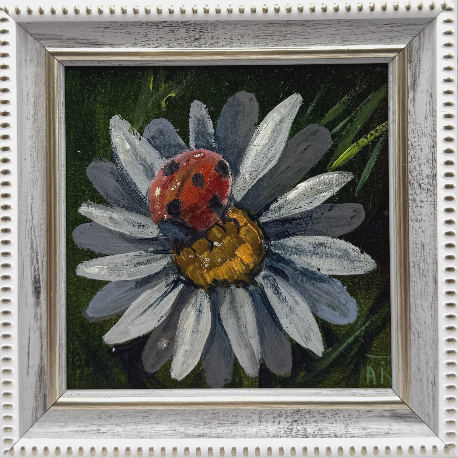 Original Miniature oil painting Ladybug on a daisy Impressionism Size 4*4 inches