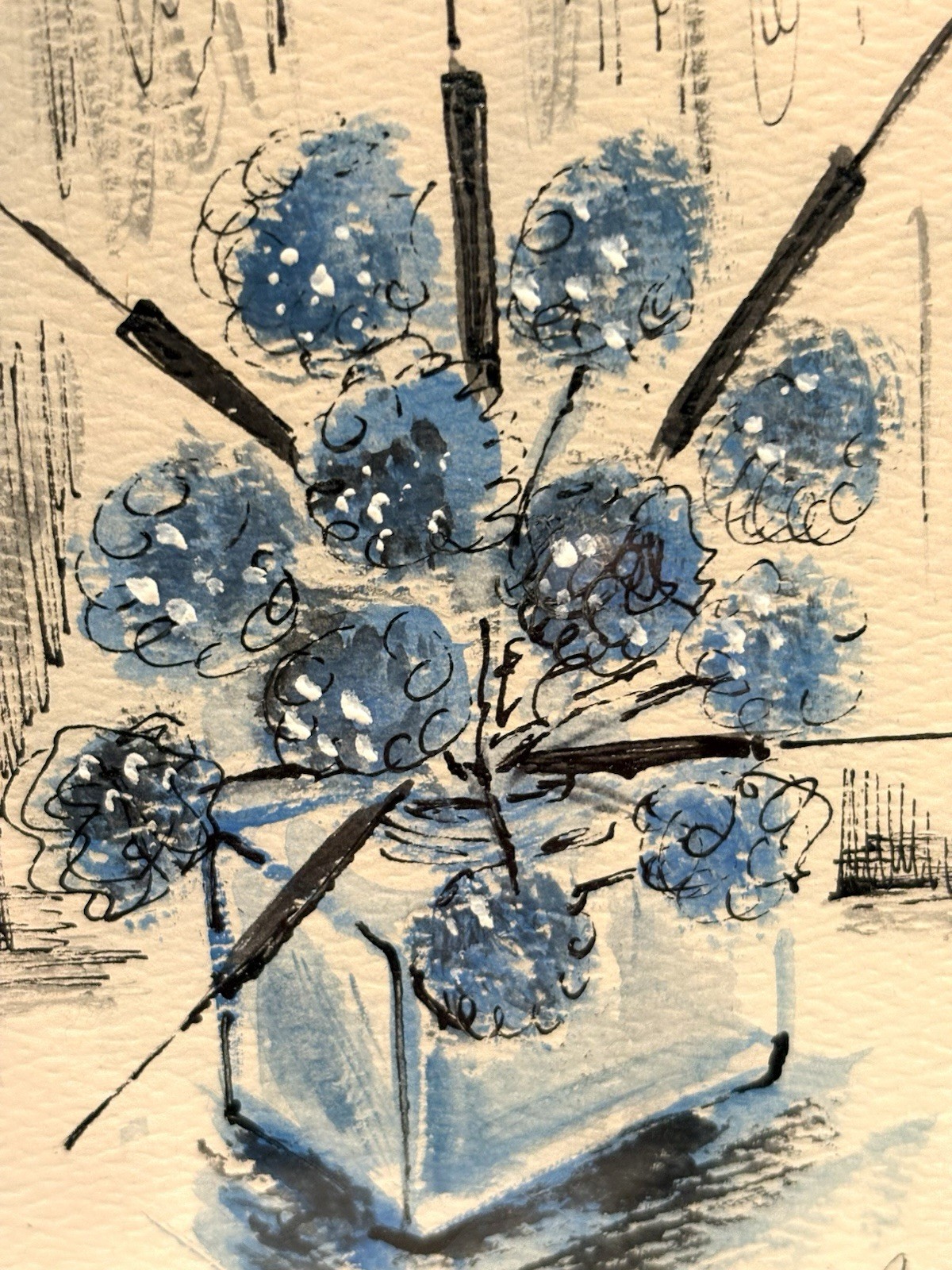 Original Vtg Small Watercolor Painting Gold Framed Art Blue Flowers Floral 9×7