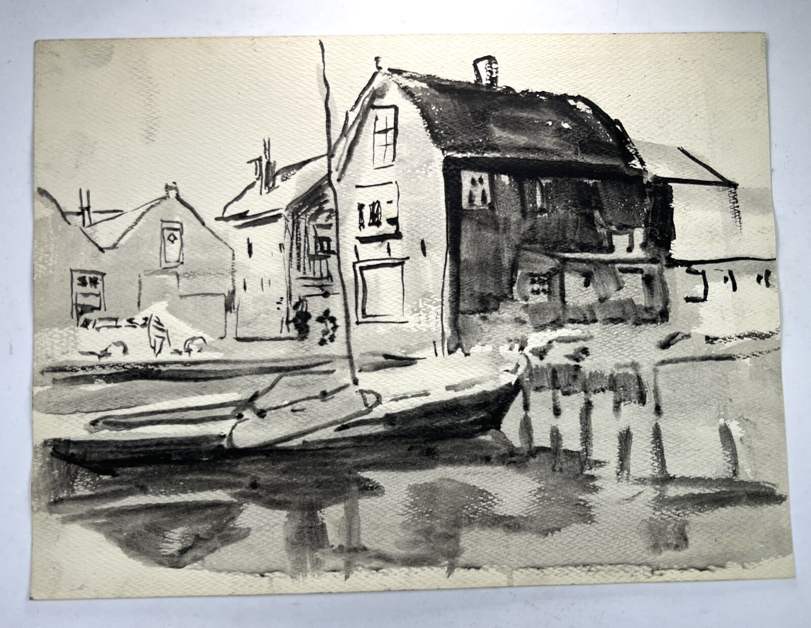 Vtg Impressionism Watercolor Painting Ships Harbor 11×14” Sailboat Marinara B&W