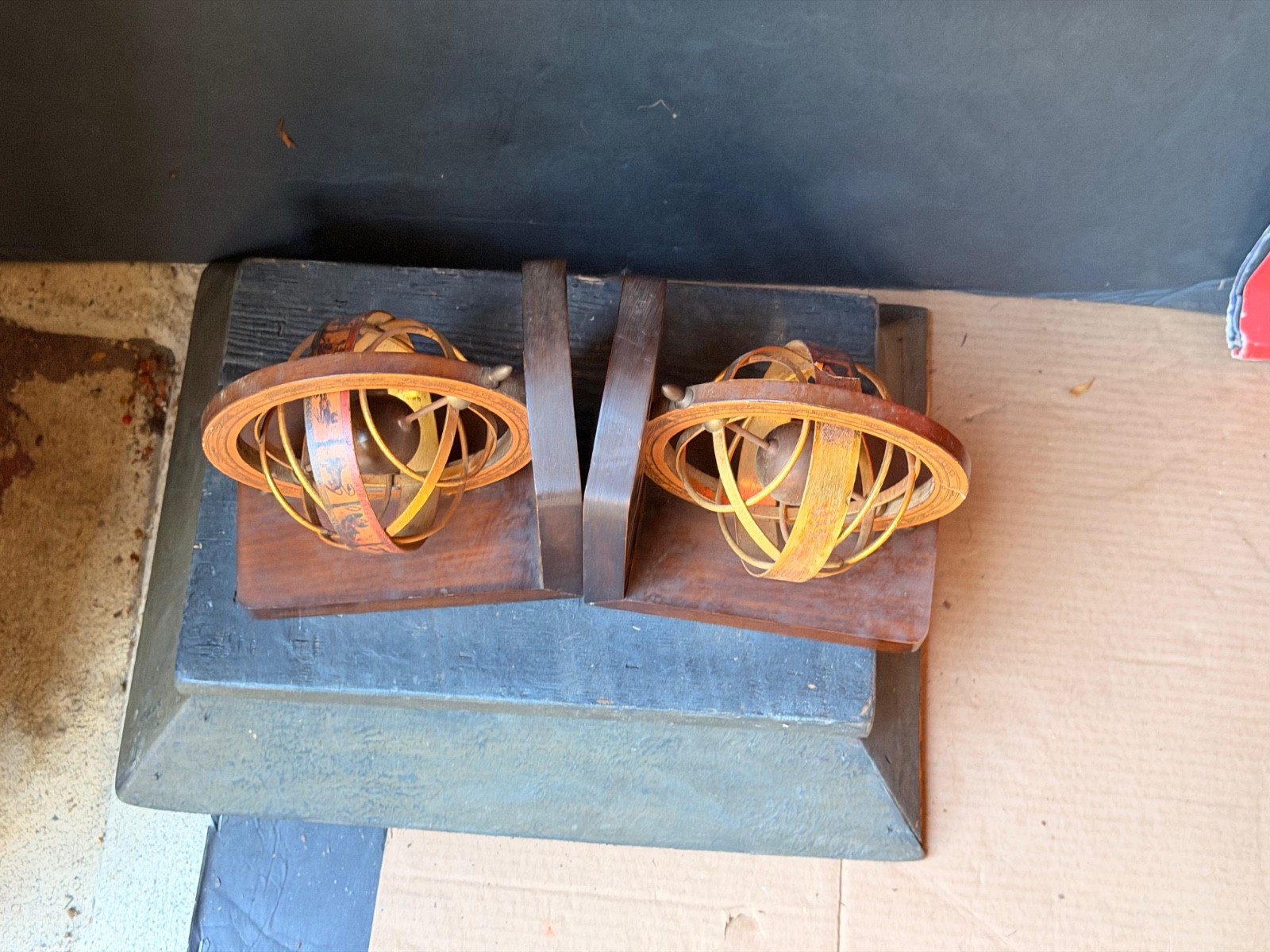 Vintage Wood Armillary Sphere Bookends Zodiac Astrological Globe Pair 6″