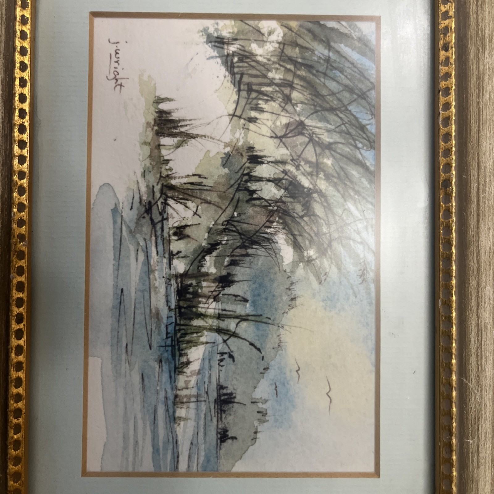 Watercolor Landscape By J. Wright Framed Small 8.5” x 6.5”