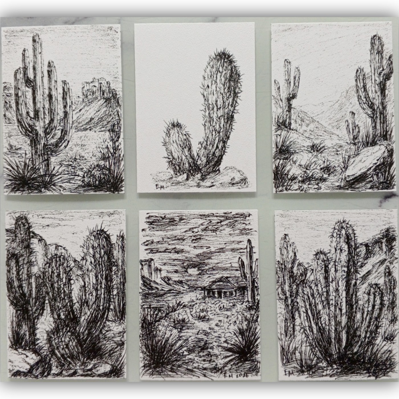 ACEO Original Cabin River Lake Cactus Yucca Desert Landscape Mountains West Set